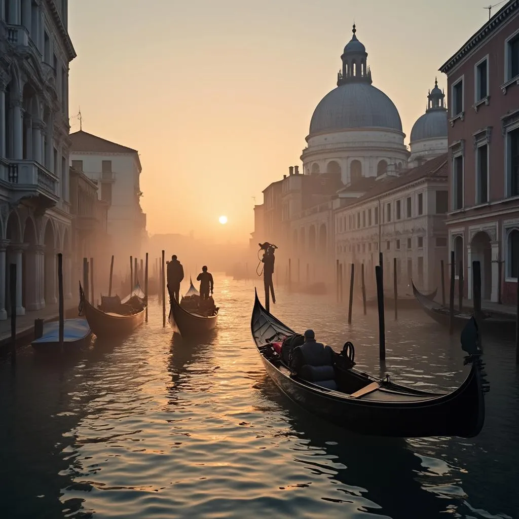 Un gruppo di fotografi durante un workshop all'alba a Venezia